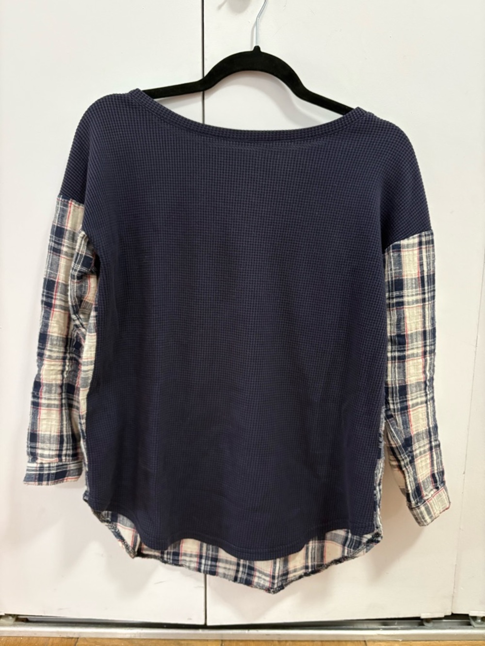 Very J Contrast Waffle Plaid Top